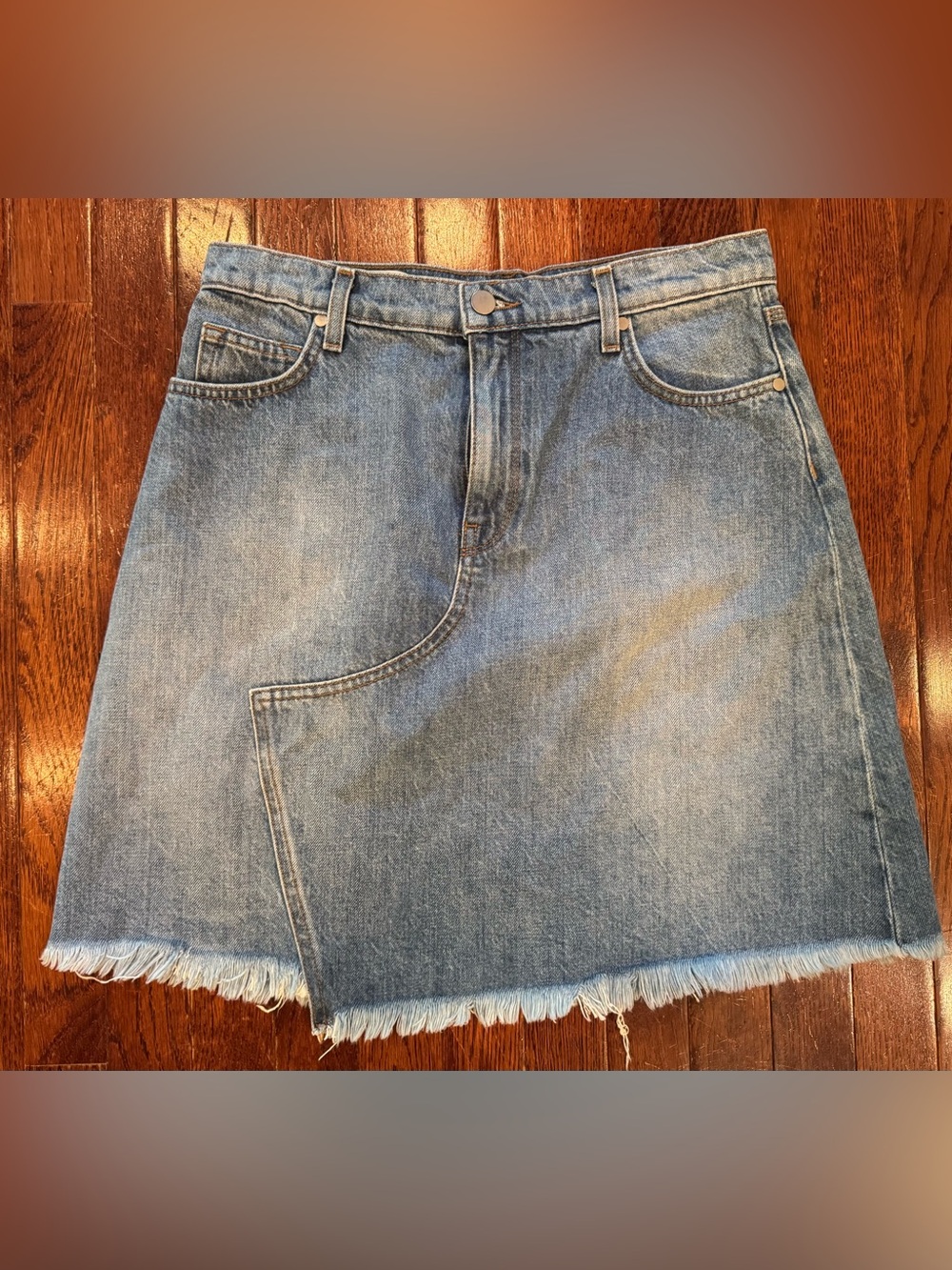 BLDWN Andie Asymmetric Frayed Denim Skirt Raw Hem Jean Mini Skylight Color Sz 29